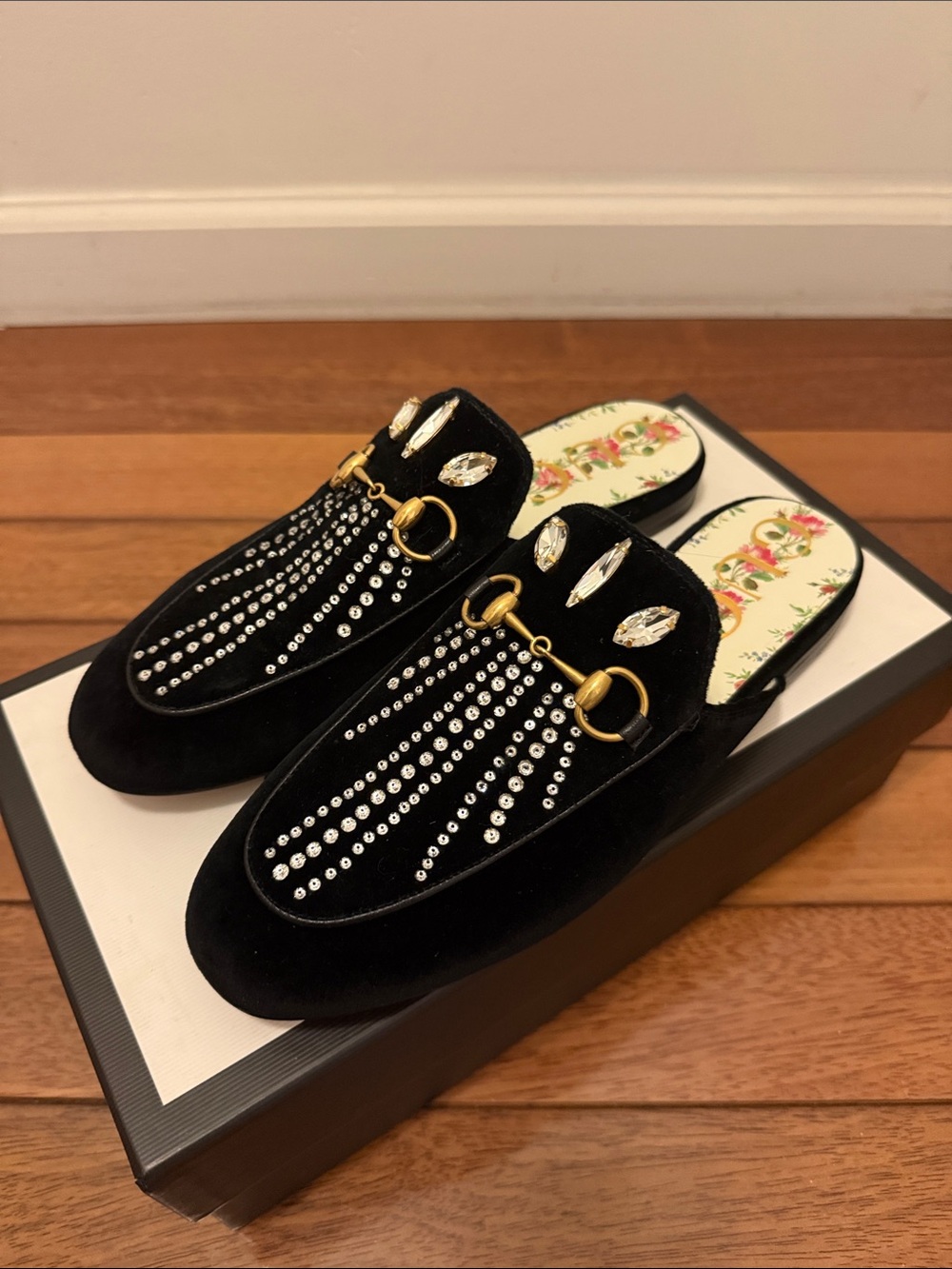 NEW Gucci Princetown Crystal-Embellished Velvet Horsebit Slipper Mules 37